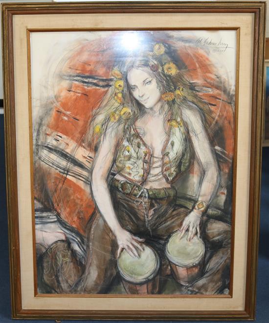 Schoenburg Woman playing bongo drums, 39.5 x 29.5in.